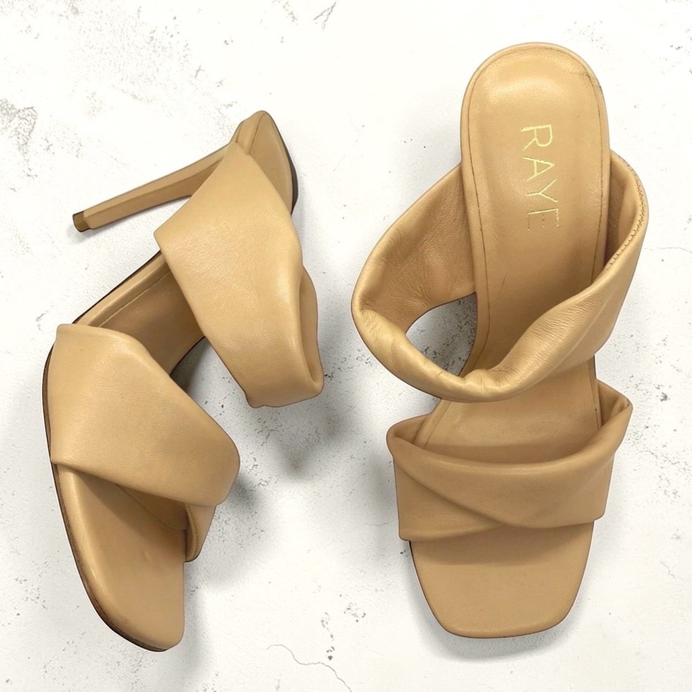 Raye Greer Leather Twisted Vamp Heels Nude Tan Sandals size 8.5